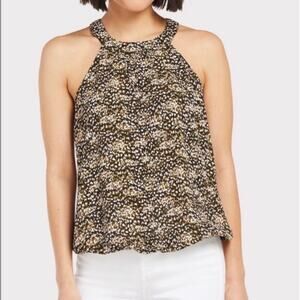 Allison Joy Black Peach Cream & Olive Print Halter Neck Sleeveless Tank Blouse S